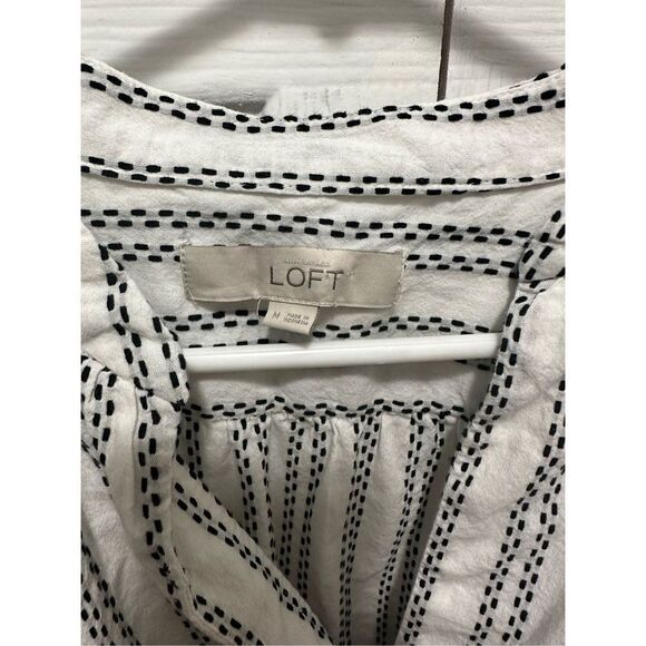 LOFT Womens Button Down Blouse Long Sleeve Distorted Stripes Black White Medium - Picture 6 of 7